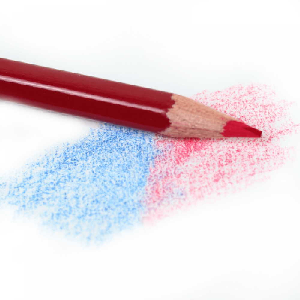 Lápis de Cor ponta dupla Pelikan, com duas cores diferentes em cada uma das pontas, uma ponta na cor Vermelha e outra na cor Azul.